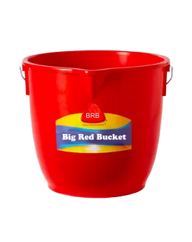 40cm diameter red plastic bucket with metal handle. Holds 3 gallons.